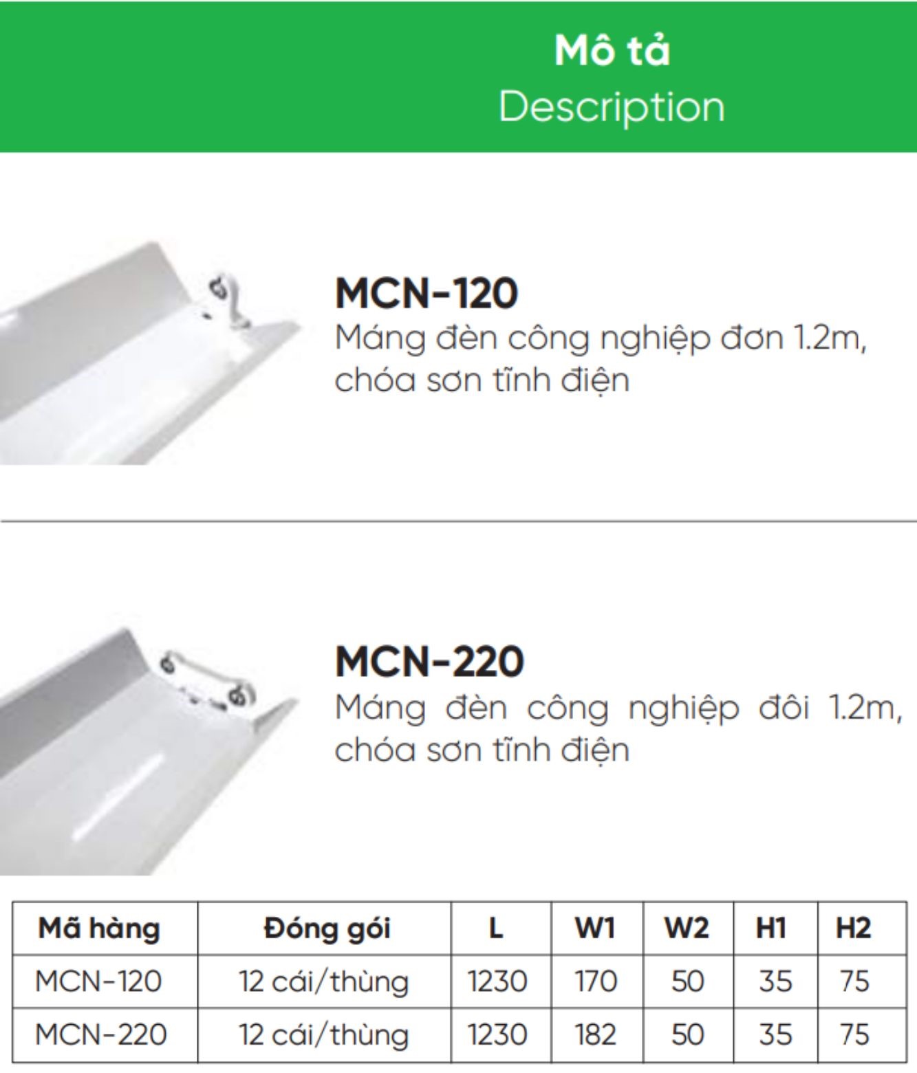 Máng đèn công nghiệp đơn 1m2 MPE MCN-120 3 Máng đèn công nghiệp đơn 1m2 MPE, máng đôi