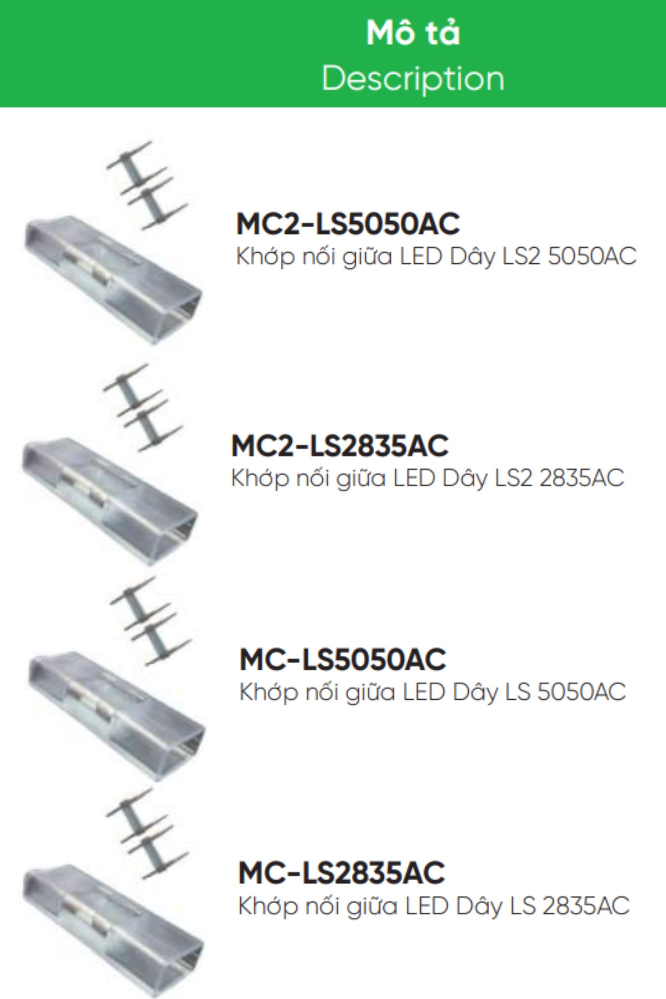 Tổng hợp khớp nối giữa led dây MPE MC2-LS2835AC 8W, 7W,...