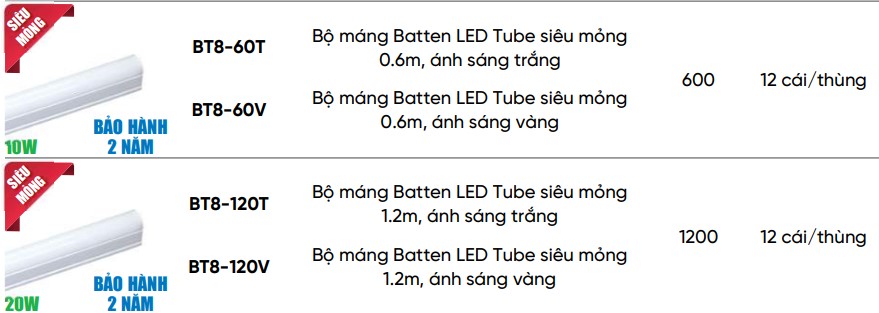 Bộ máng led tube siêu mỏng 10W MPE BT8-60T/V - Liền máng 0.6m 2 Tổng hợp bộ máng led tube siêu mỏng 10W MPE BT8, 20W
