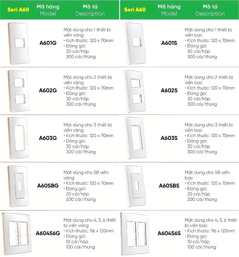 Mặt công tắc A60 cho 4-5-6 thiết bị MPE A60456G - Viền vàng 4 Mặt công tắc A60 cho 4-5-6 thiết bị MPE A60456G, 2 thiết bị,...