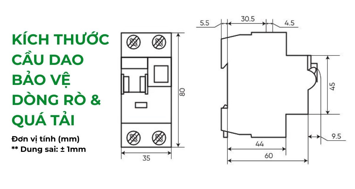 Cầu dao bảo vệ dòng rò quá tải MPE RCBO2-30/240 (2 cực, 40A, 30mA, 6kA) 3 Kích thước cầu dao bảo vệ dòng rò quá tải MPE RCBO2-30/240