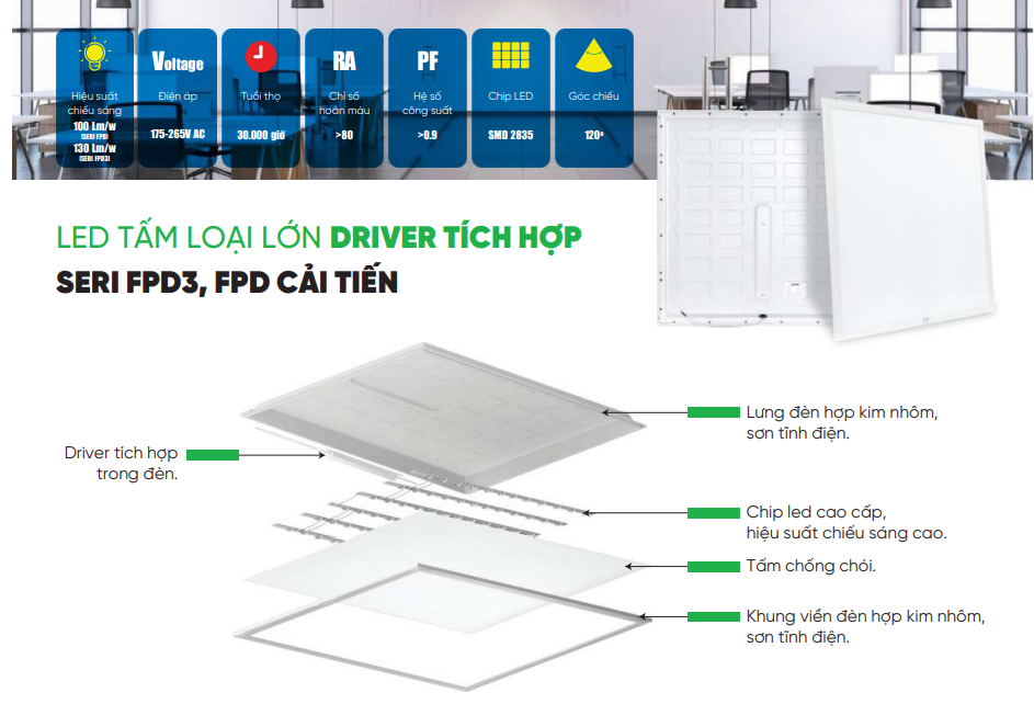 Đèn LED tấm loại lớn 60x60 36W MPE FPD3-6060T ánh sáng trắng 2 Thông số kỹ thuật của đèn LED tấm loại lớn 60x60 36W MPE FPD3-6060T