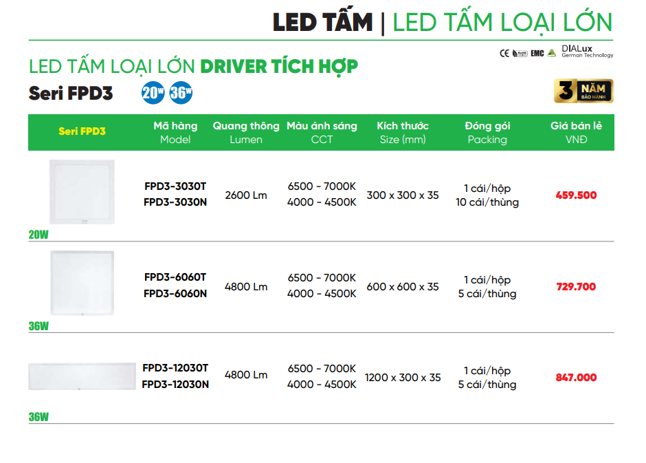 Đèn LED tấm loại lớn 60x60 36W MPE FPD3-6060T ánh sáng trắng 3 Series FPD3
