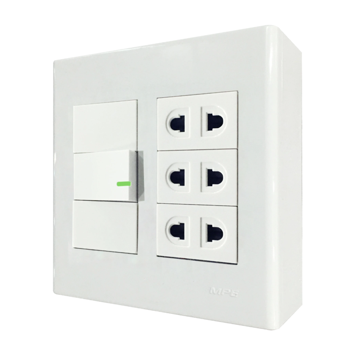 Bộ công tắc ổ cắm đôi 3 ổ cắm 2 chấu 1 công tắc và đế nổi đôi mã A60B23U1V (Vặn vít)