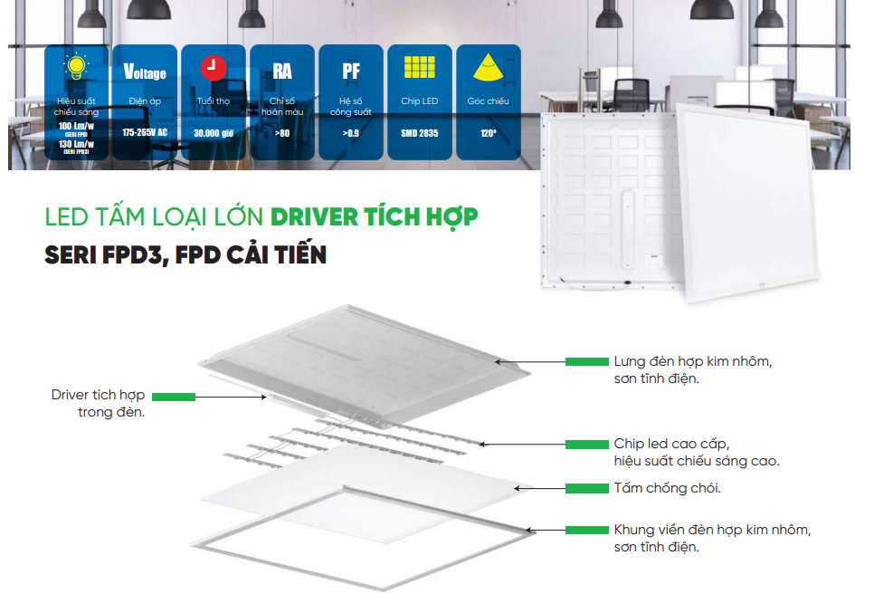 Đèn LED tấm loại lớn 120x30 - 40W MPE FPD-12030T ánh sáng trắng 4 Đèn LED tấm loại lớn 120x30 - 40W MPE FPD-12030T