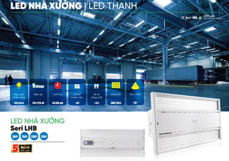 Thông số kỹ thuật của đèn LED thanh nhà xưởng 250W MPE LHB-250N