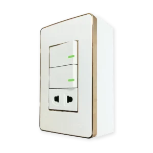 Bộ công tắc ổ cắm đơn viền vàng 2 công tắc 1 ổ cắm 2 chấu và đế nổi đơn mã A60B11U2GV (Vặn vít)