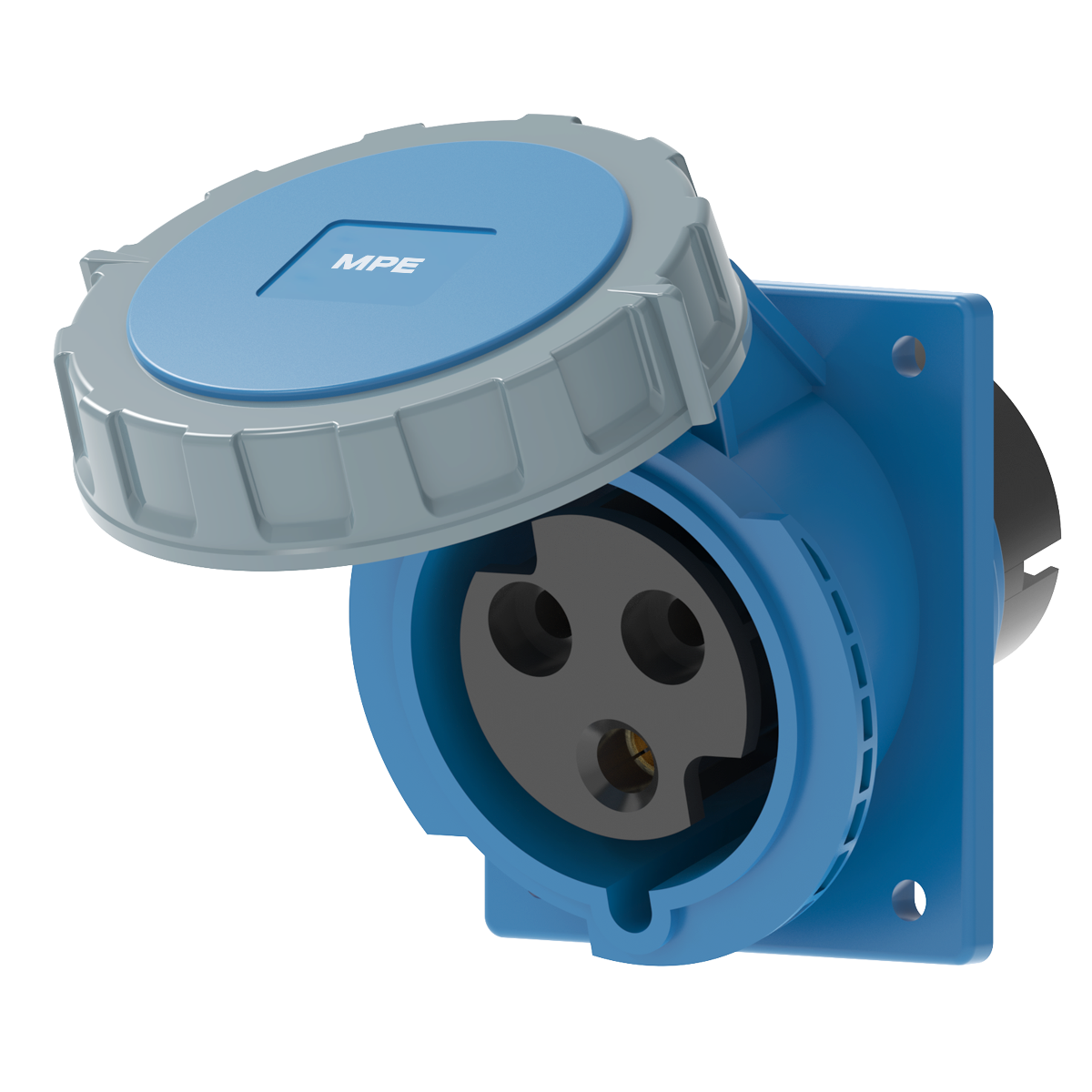 Ổ cắm loại cố định bắt trên bảng điện xéo 3 cực, 32A, IP67 mã MPN2-4232 1 Ổ cắm loại cố định bắt trên bảng điện xéo 3 cực, 32A, IP67 mã MPN2-4232